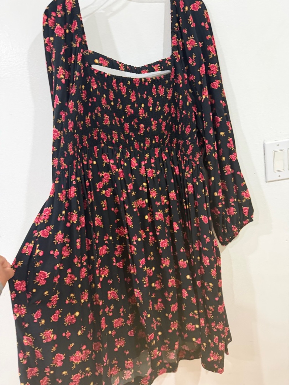Black Floral Midi Dress with Pink Roses - Womens